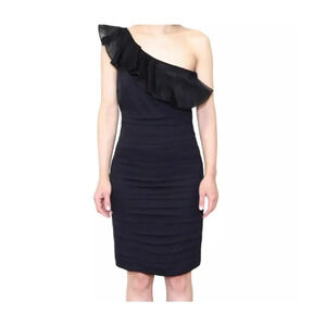 Alice + Olivia Gale One Shoulder Ruffle Black Dress‎ Mini Silk Women’s 8 Pleated